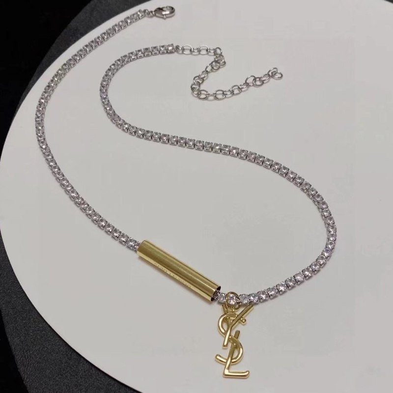 Saint Laurent Monogram Crystal Chain Necklace